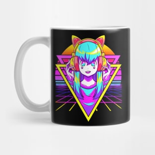 Vaporwave Anime Girl Otaku Sunset Geometric Grid Mug